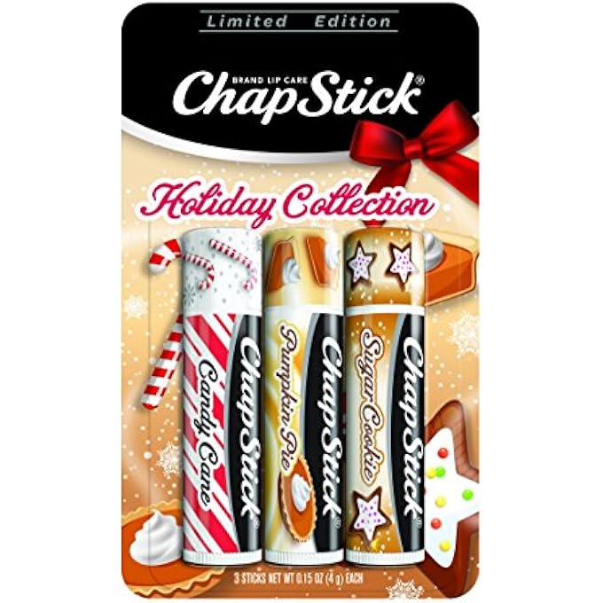 chapstick HOLIDAY COLLECTION, LIP BALM TUBE, 0.15 OUNCE EACH (CANDY CANE, PUMPKIN PIE & SUGAR COOKIE FLAVORS, 1 BLISTER PACK OF 3 STICKS, GREAT GIFTS FOR WOMEN - Image 1